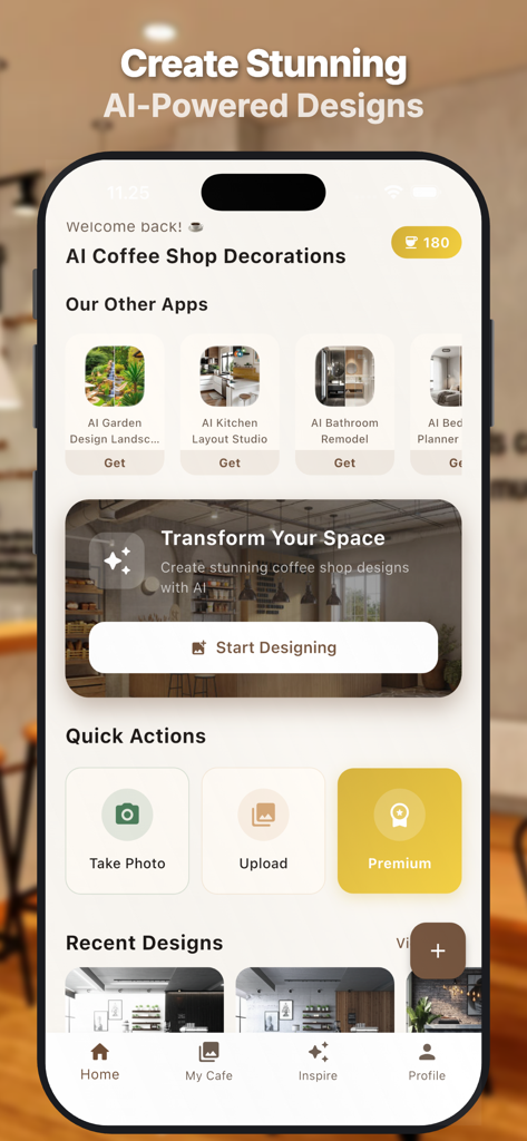 AI Coffee Shop Design - Main dashboard of the AI Coffee Shop Design app showing interior design tools and quick actions.