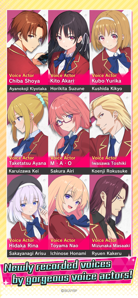 Classroom of the Elite - A grid of nine main characters from the Classroom of the Elite game with their respective Japanese voice actors listed below their names.