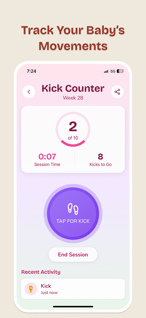 Wombly app baby kick counter screen for tracking pregnancy movements