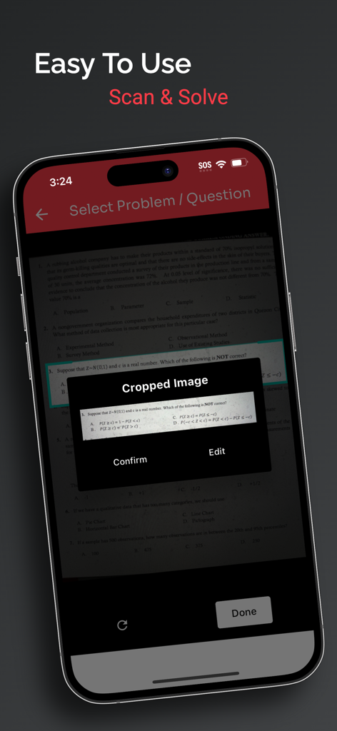 Statistics Solver: Stat AI - Interface of Statistics Solver Stat AI app showing the photo scanning and cropping feature for a math problem.