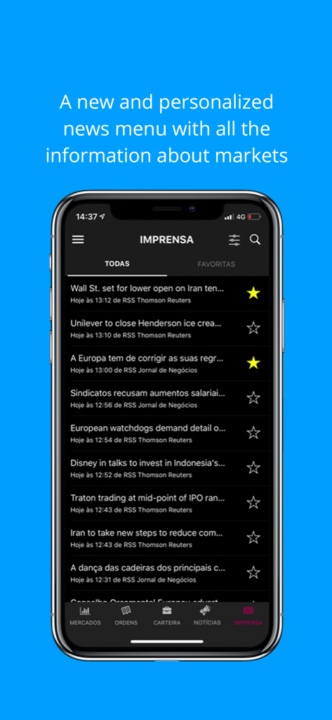 Personalized news menu in the ActivoTrader app featuring financial market information and headlines.