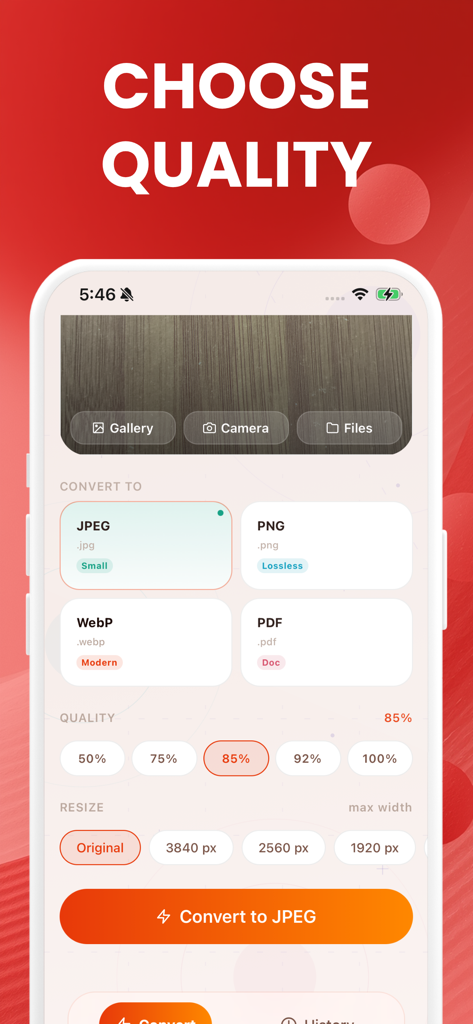 Image Converter: JPEG HEIC PDF - JPEGへの写真変換のための画像品質選択とリサイズオプションを示すモバイルアプリインターフェース