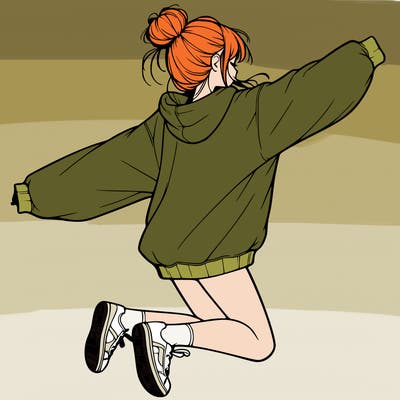realistic girl jumping with a bun and oversized sweatshirt