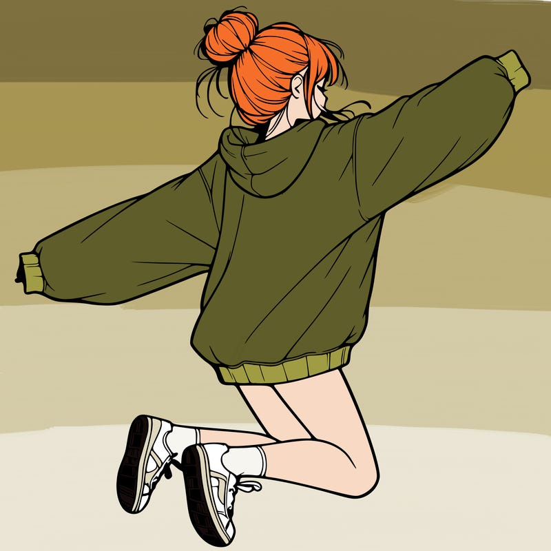 realistic girl jumping with a bun and oversized sweatshirt