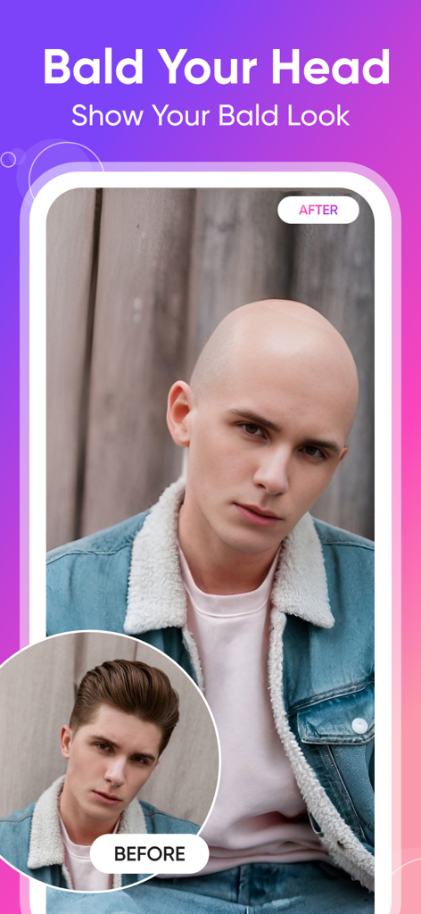 AI Hair Changer - Color Change - Comparación de antes y después de un hombre usando la función de filtro de cabeza calva IA