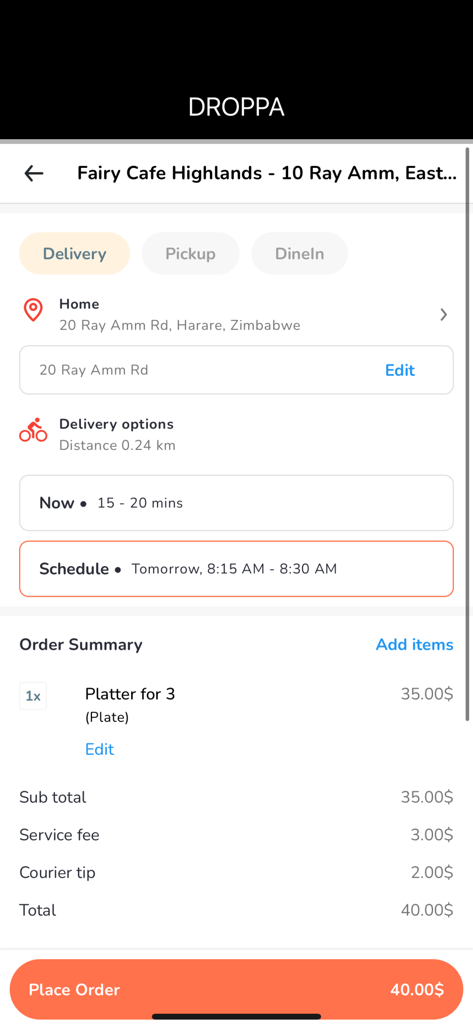 DROPPA - Delivery & TakeAway - A screenshot of the DROPPA app checkout page displaying an order summary and delivery scheduling options.