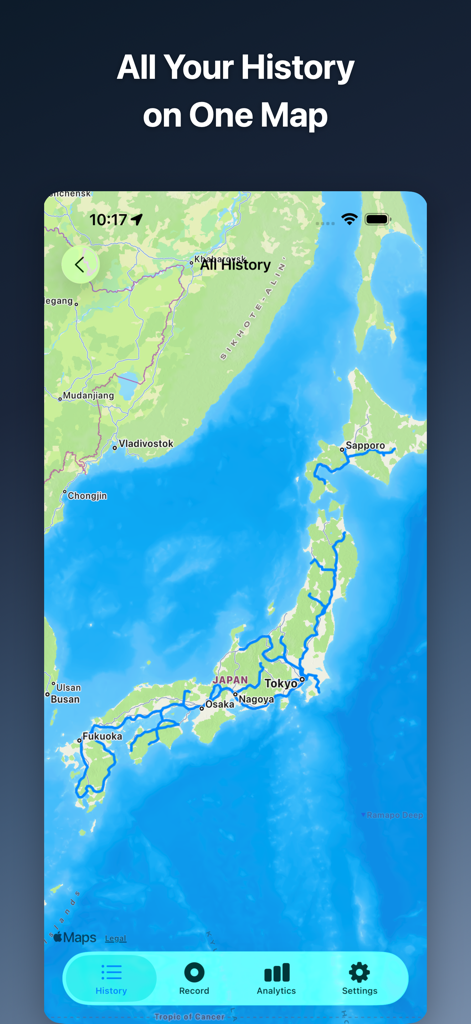 DriveTracker - Driving Log - DriveTracker app interface displaying all recorded driving history routes on a map