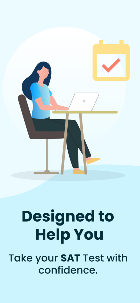 Um estudante estudando para o SAT em um laptop com um ícone de calendário de tarefas concluídas