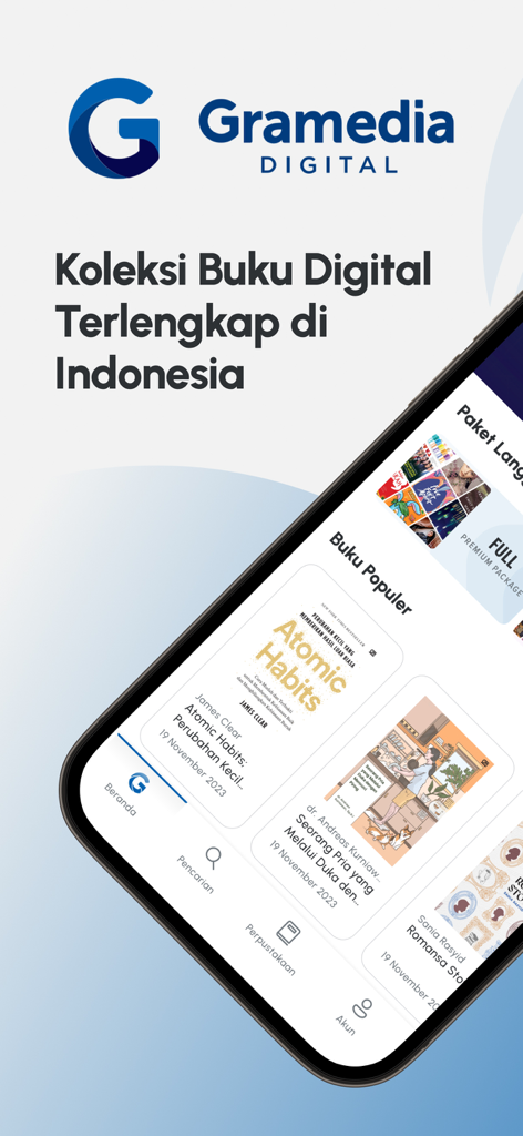 Gramedia Digital App-Oberfläche, die beliebte Bücher und die indonesische digitale Bibliothekskollektion zeigt