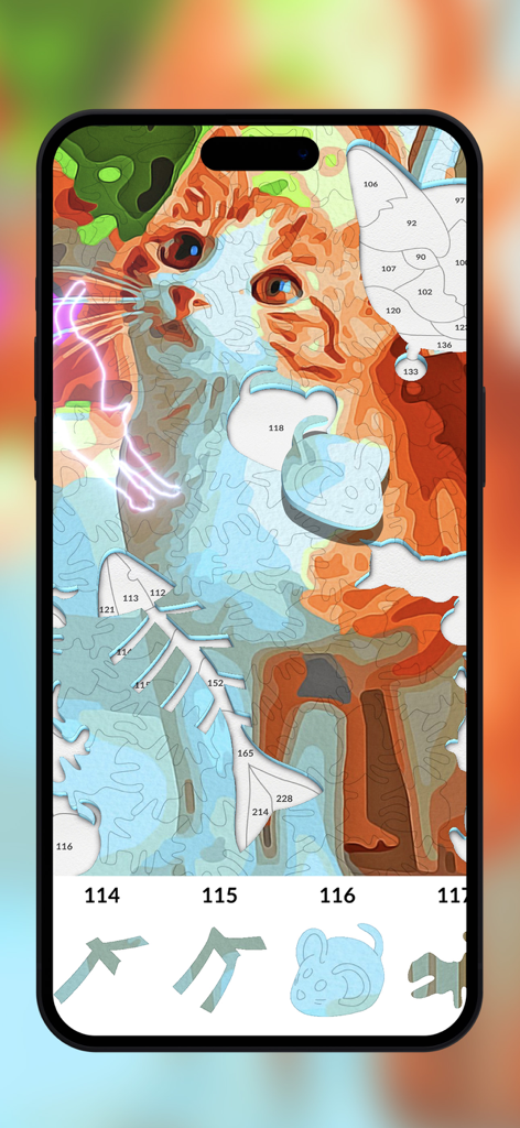 Jigsaw Puzzle by numbers - A gameplay screenshot of Jigsaw Puzzle by Numbers featuring a cat illustration with numbered irregular pieces and special shapes like a fish bone and a mouse.