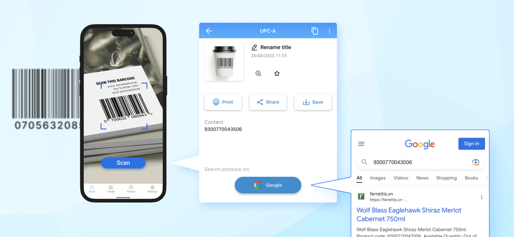 Interfaz de aplicación móvil que muestra un código de barras siendo escaneado y el resultado de la búsqueda en Google para detalles del producto