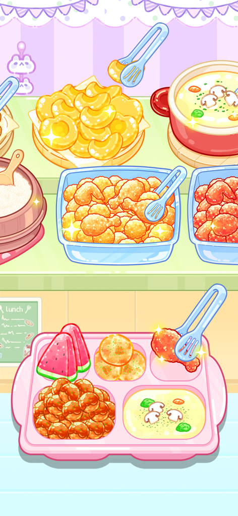 A pink lunch tray being filled with various foods like fried chicken and watermelon in a cartoon ASMR game