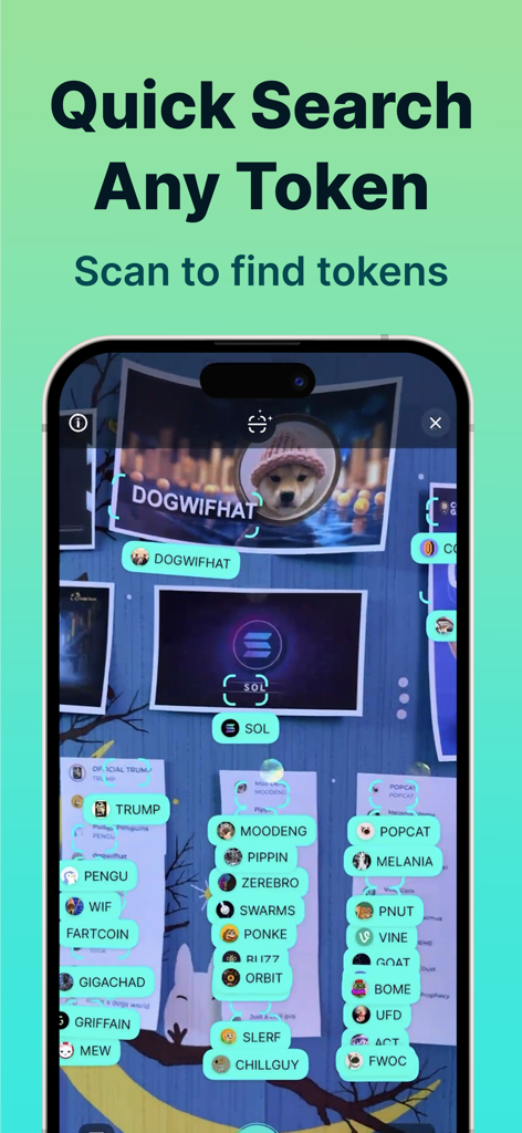 A smartphone screen showing the quick token search feature using AR scanning to identify crypto tokens in the Jupiter Mobile app.