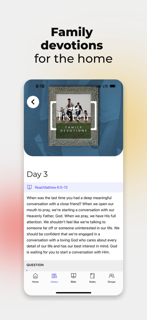 Bible Engagement Project app screen showing a daily family devotional about prayer.