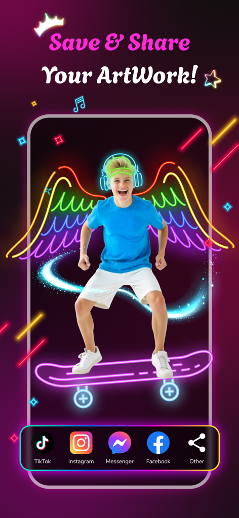 Neon Lines: Magical Drawing - Un niño en una patineta con alas de neón y auriculares añadidos a través de la aplicación, mostrando el menú de guardar y compartir para redes sociales.