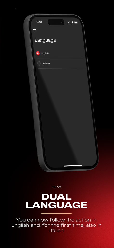 Scuderia Ferrari - Smartphone screen showing the Scuderia Ferrari app language selection menu with English and Italian options