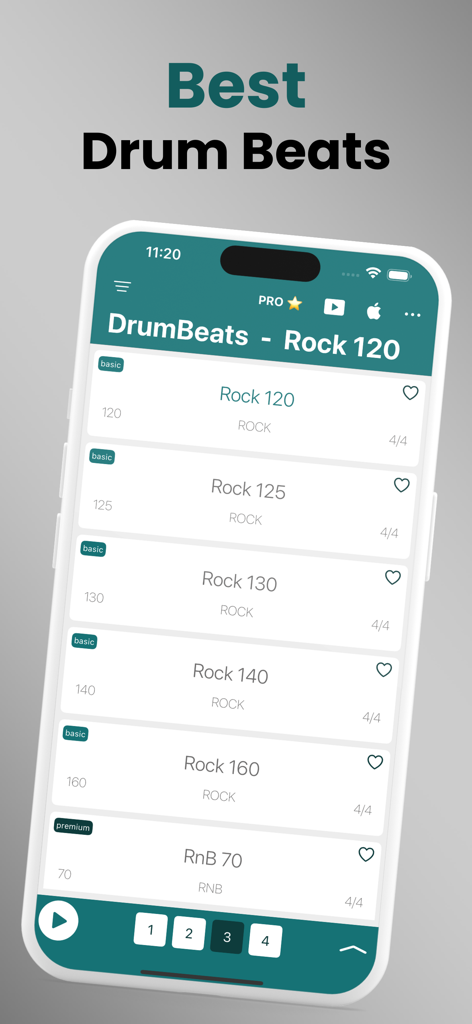 DrumBeats - Real Drum Loops - Smartphone screen showing the DrumBeats app interface with a list of rock rhythm loops and BPM settings
