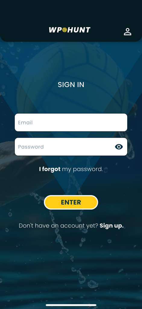 WpHunt - Sign in screen of the WpHunt water polo networking app showing login fields and a yellow enter button