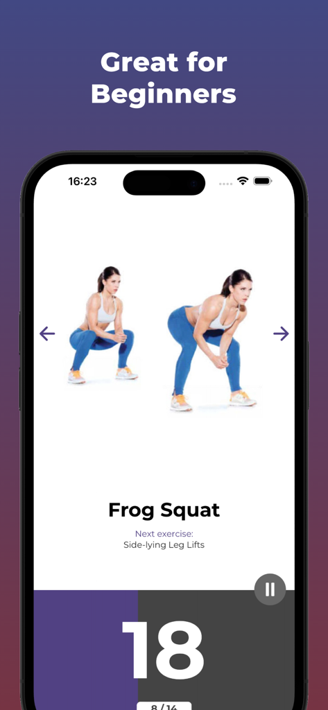 The 30 Day Squat Challenge - A mobile app interface showing a frog squat exercise demonstration with a workout timer for beginners