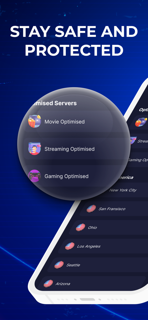 VPN Easy Proxy mostrando servidores otimizados para filmes e streaming em cidades dos EUA