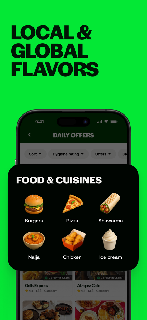 SAMU - Food Delivery - SAMU app interface showing food and cuisine categories including burgers pizza shawarma and local Naija dishes
