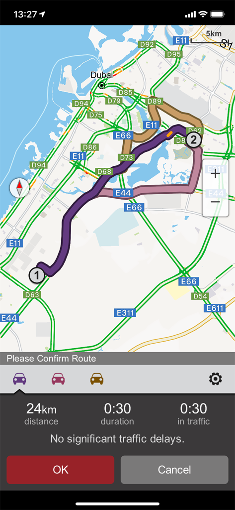 RTA Smart Drive - RTA Smart Drive interface displaying route planning and travel duration in Dubai