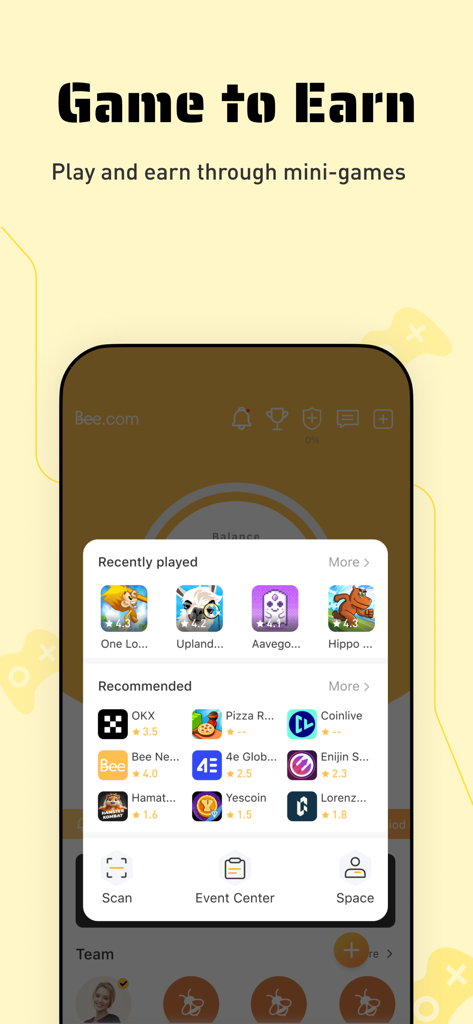 Bee Network:Phone-based Asset - Bee Network app Game to Earn screen displaying various mini games and cryptocurrency rewards