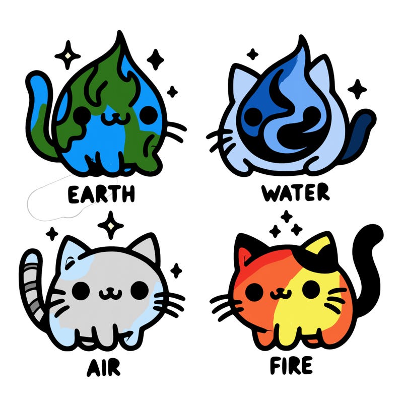 4 cats that represent the different elements, earth, water, air, and fire
