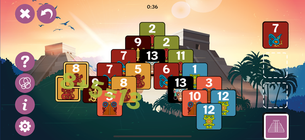 Pyramid+ - Screenshot of Pyramid Plus solitaire game showing card addition mechanic and Aztec theme