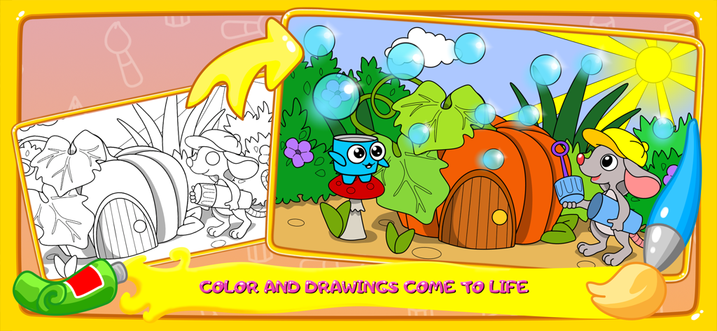 Colors for live coloring book - Una pantalla de aplicación de libro de colorear que muestra cómo un dibujo de ratón en blanco y negro cobra vida con colores vibrantes y animación