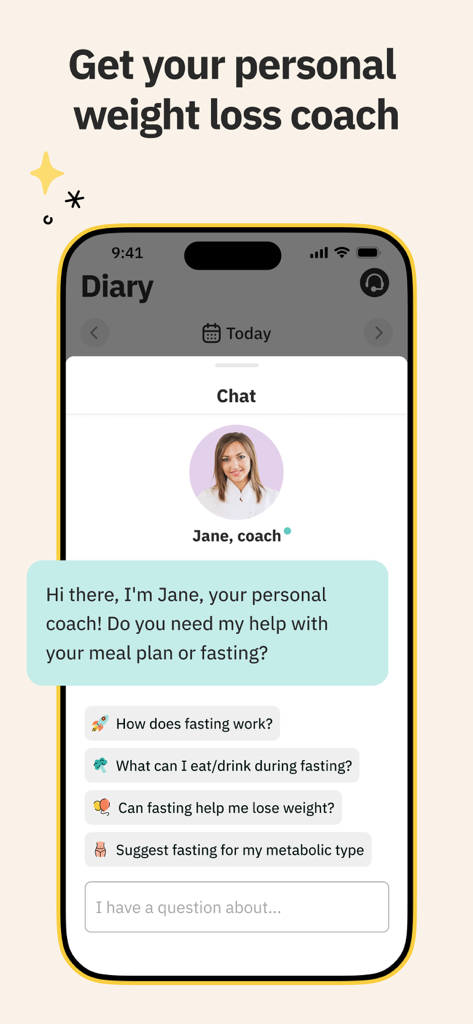 Unimeal: Fasting and Diet - Unimeal app interface showing a chat with a personal weight loss coach named Jane