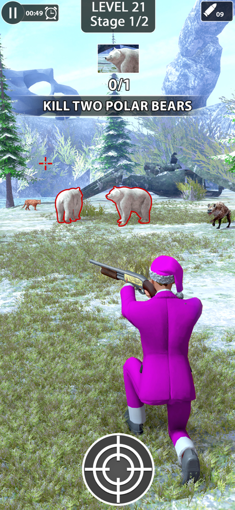 Animal Shooting: Wild Hunter - Captura de pantalla del juego Animal Shooting Wild Hunter que muestra a un cazador apuntando a osos polares en un entorno nevado