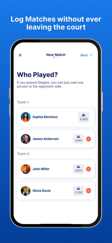 DUPR - Interface de l'application DUPR montrant l'écran pour enregistrer un nouveau match de pickleball avec les profils des joueurs et les classements.
