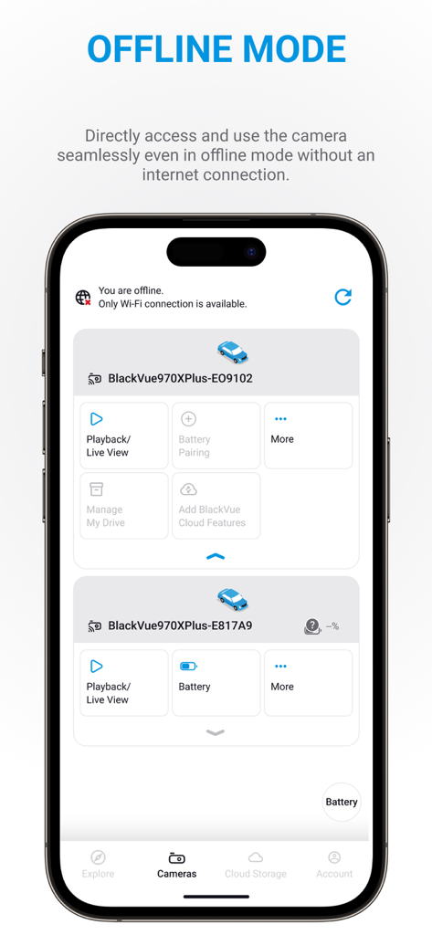 Captura de ecrã da aplicação BlackVue mostrando o modo offline para ligação direta à câmara via Wi-Fi