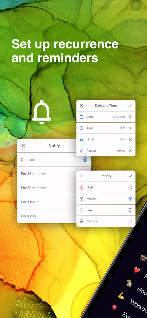 Singularity To Do List, Tasks - Interfaz para configurar recordatorios de tareas y niveles de prioridad en la aplicación Singularity