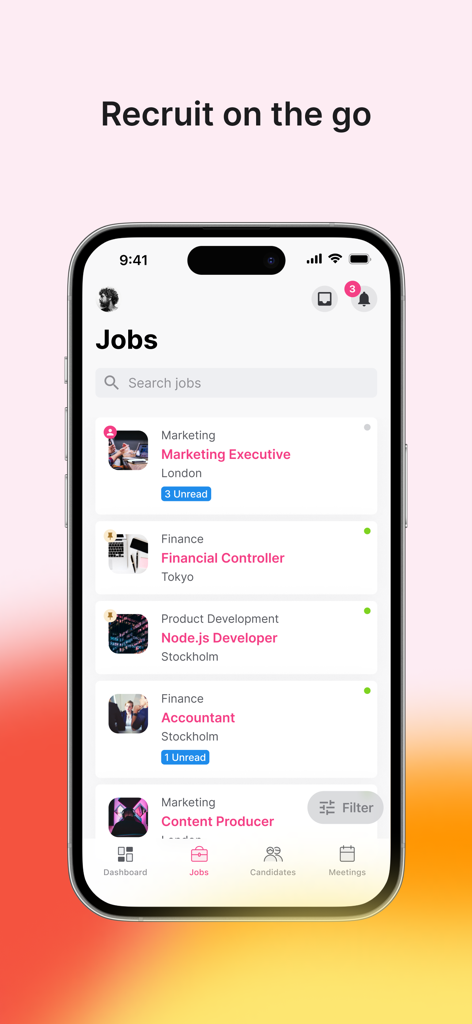 Teamtailor - The Teamtailor app showing a list of open job positions and recruiter notifications on a mobile device.