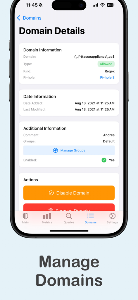 Pi-hole Switch Pro - iPhone screen displaying domain details and management options within the Pi-hole Switch Pro app