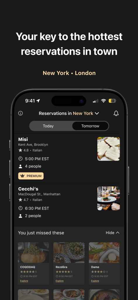 ResX mobile app interface displaying last-minute restaurant reservations in New York City