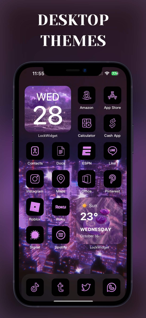 LockWidget - LockScreen Themes - iPhone home screen with custom purple aesthetic icons and widgets