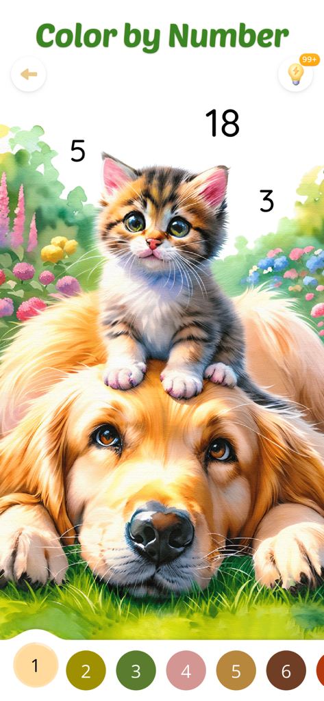 Color Aura: Paint by Number - Interface de peinture par numéro Color Aura présentant un chaton assis sur un golden retriever