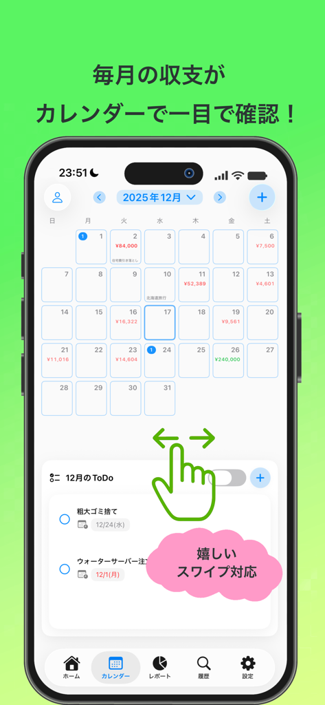 Interfaz de la aplicación Kakebo que muestra un calendario de presupuesto mensual con gastos y una sección de lista de tareas pendientes compatible con deslizamiento.
