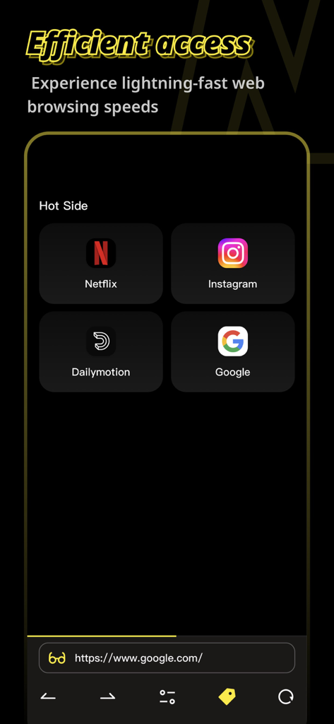 Nimbo-UltraBrowse - Interfaz de la aplicación Nimbo-UltraBrowse mostrando acceso eficiente a sitios web populares como Netflix e Instagram en un fondo oscuro