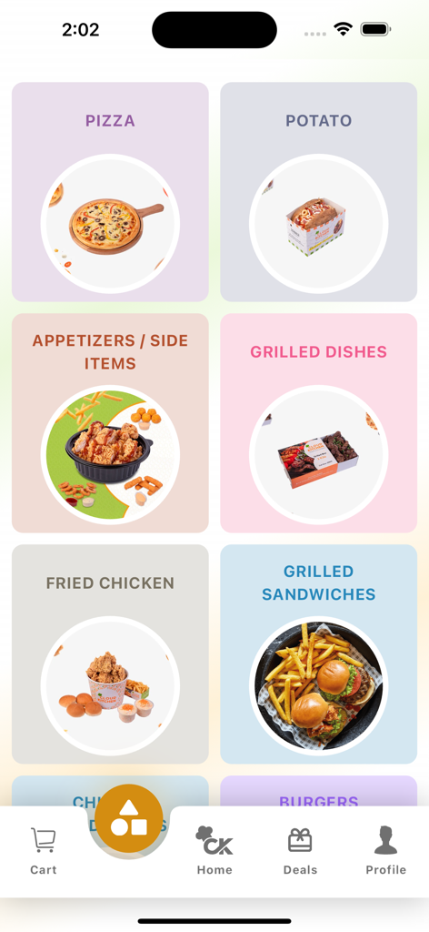 Cloud Kitchen - Interface do aplicativo Cozinha na Nuvem mostrando várias categorias de comida, incluindo pizza, pratos grelhados e frango frito