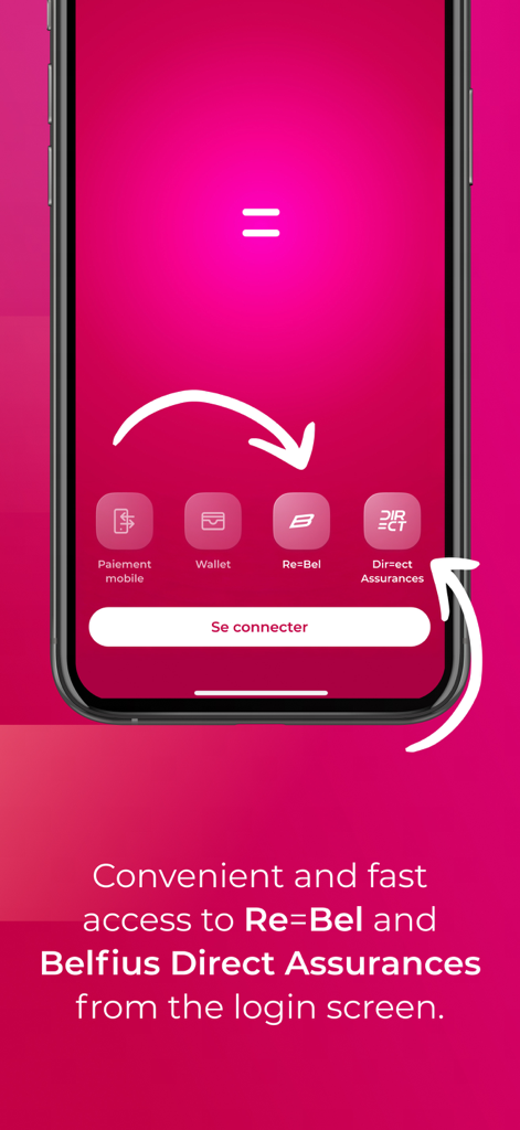 Écran de connexion de l'application Belfius Mobile mettant en évidence l'accès rapide aux outils d'investissement et d'assurance