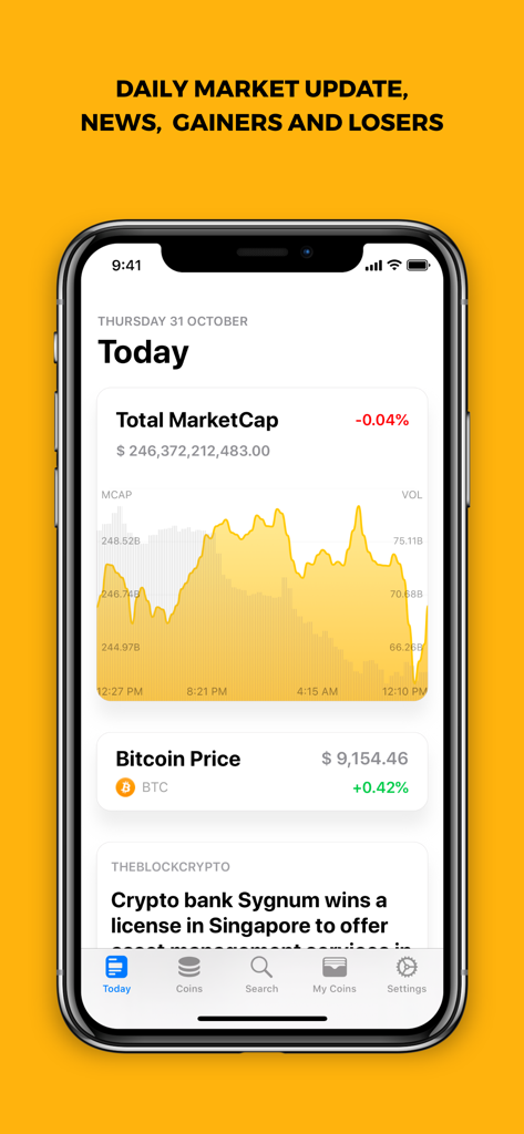 COINS: One App For Crypto - The COINS app Today screen showing total market cap chart bitcoin price and crypto news updates.