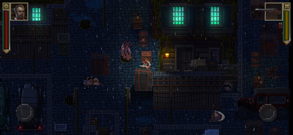Pixel art gameplay showing a detective character on a dark rainy street in Lovecrafts Untold Stories.