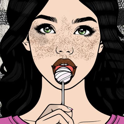 a realistic girl with a lollipop in her mouth