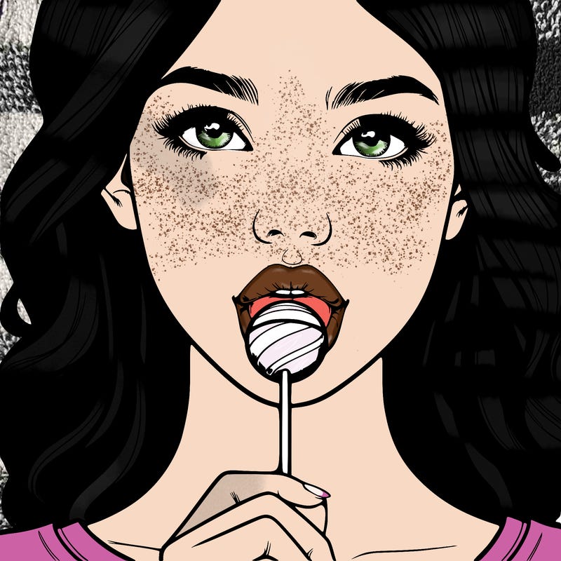 a realistic girl with a lollipop in her mouth