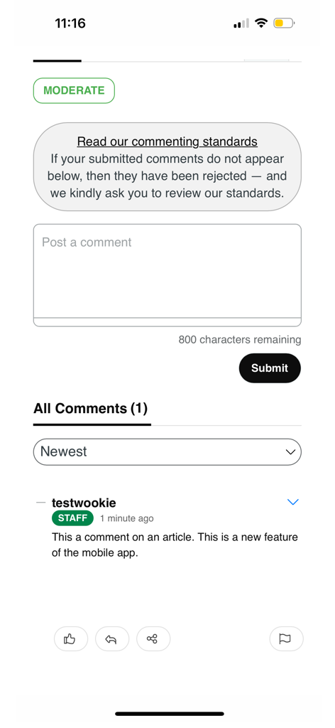 The Minnesota Star Tribune - Interface of the comment section in the Minnesota Star Tribune mobile app showing a comment input field and a staff reply.