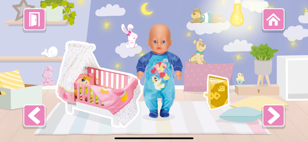 BABY born® - BABY born doll in blue pajamas standing in a bedroom next to a pink crib
